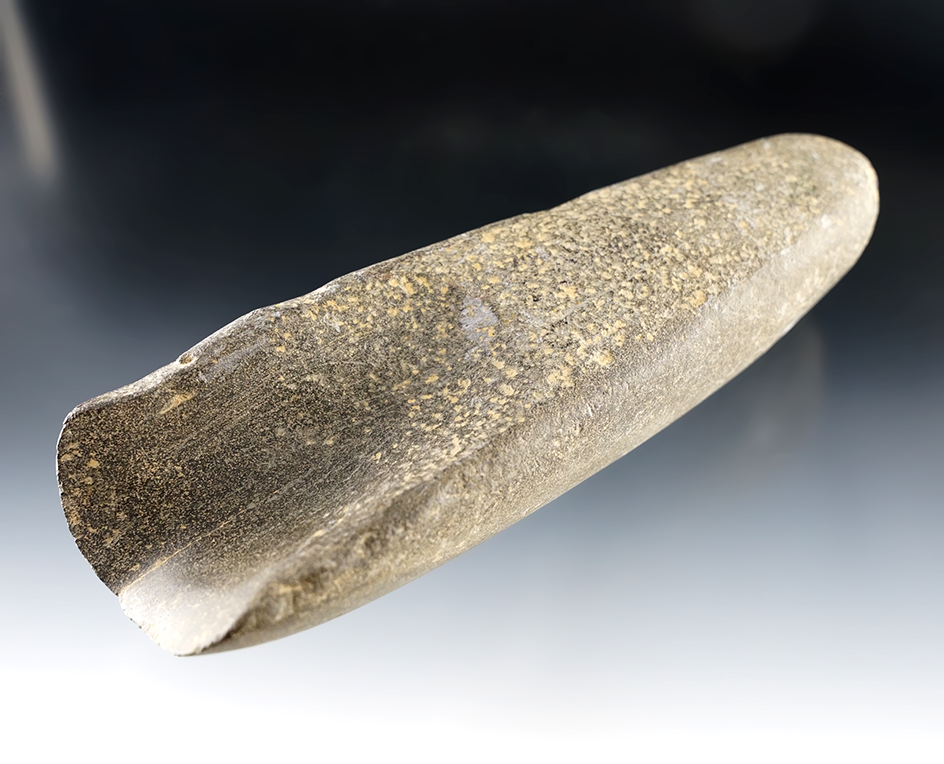 Deeply scooped 6 1/8" Hardstone Gouge found at Genoa Fort, Genoa, Cayuga Co., New York.