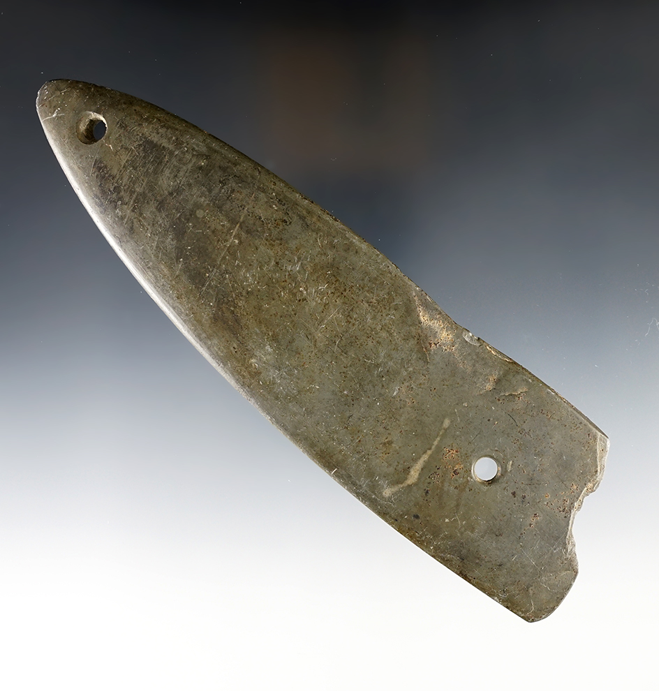 Large 6 7/8" Bi-Pointed Gorget with ancient damage to one end. Shows excellent age on surface.