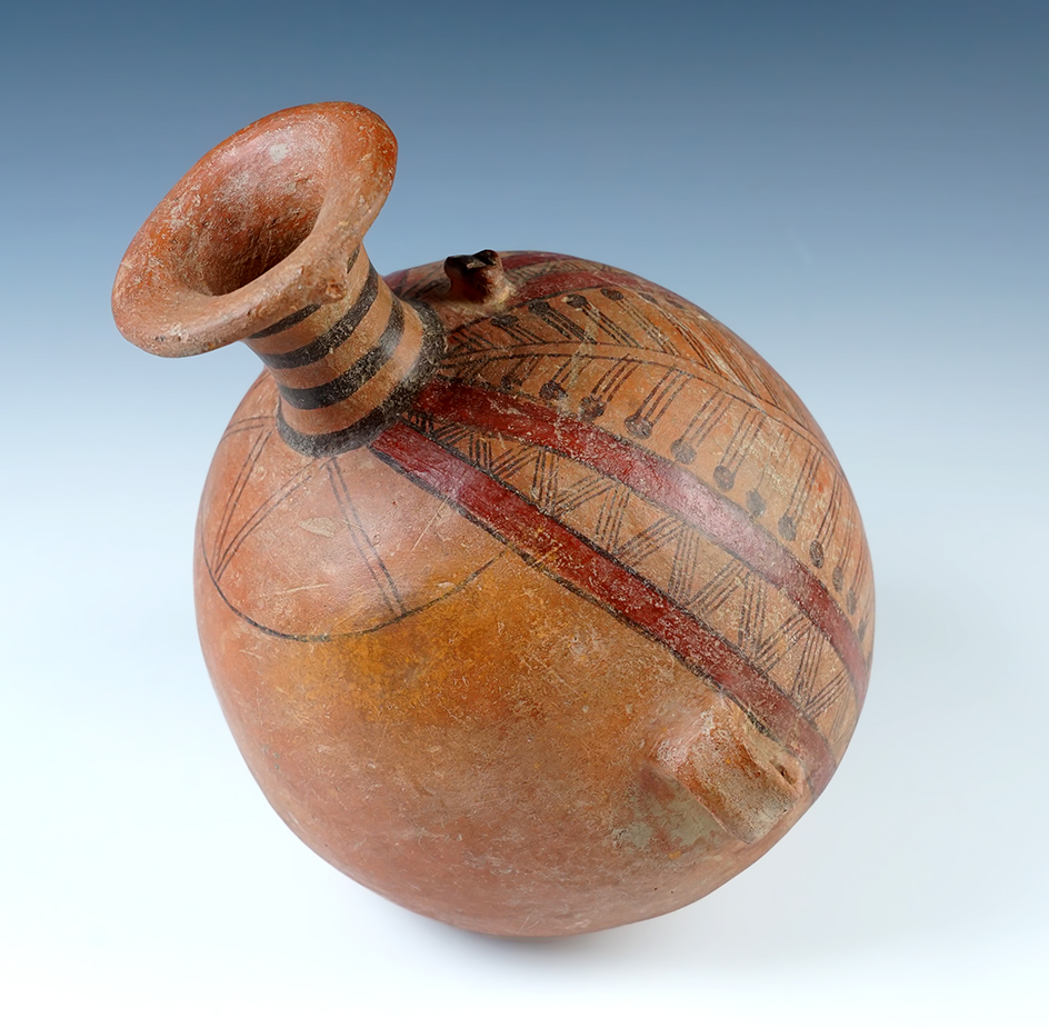 Classic style 8" tall x 7 1/4" wide Inca strap handle Pre-Columbian bottle in solid condition. 