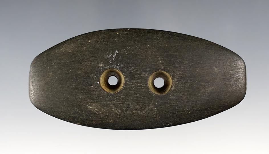 3 7/16" Gorget with great finish and form, made of black Slate. Found in Ohio.