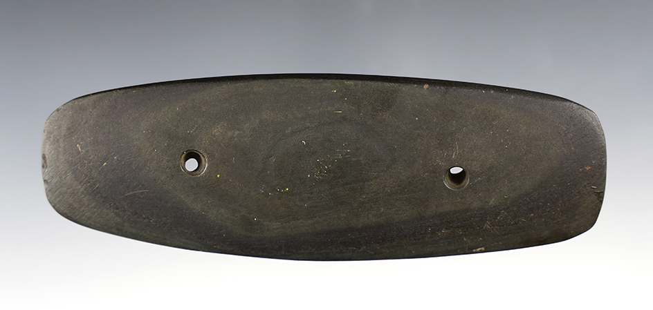 5 13/16" by 2" Rectangular Gorget made from Slate. Found in Cuyahoga Co., Ohio. COA.