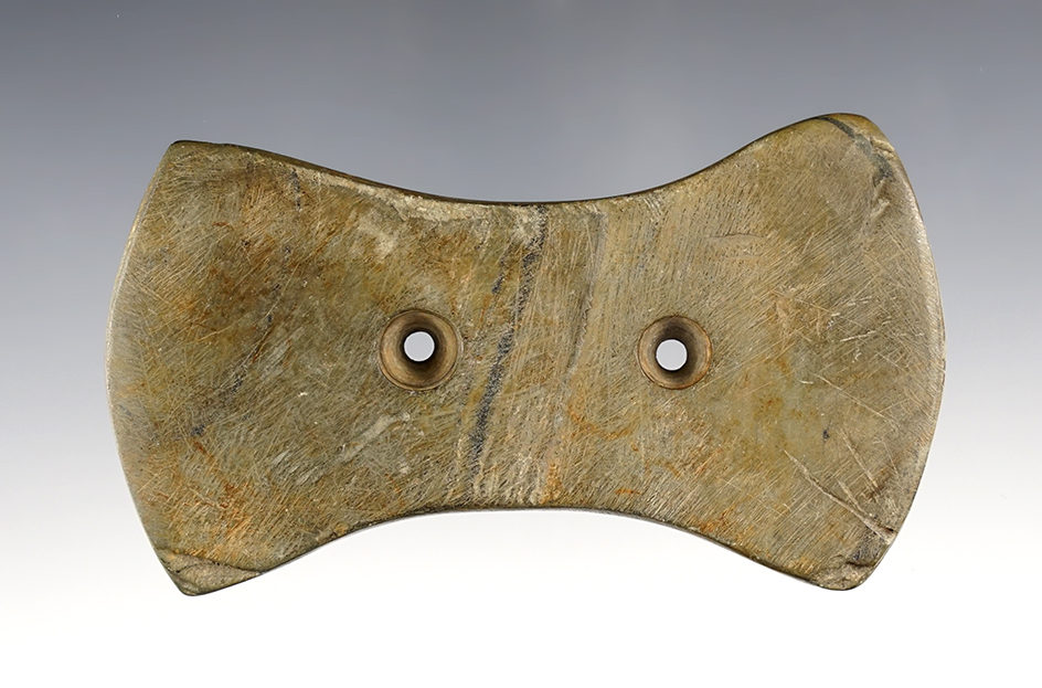 4 1/8" Bi-Concave Gorget made from Mottled Slate. Found in Ohio. Ex. Robert Sterne, Osmon. 