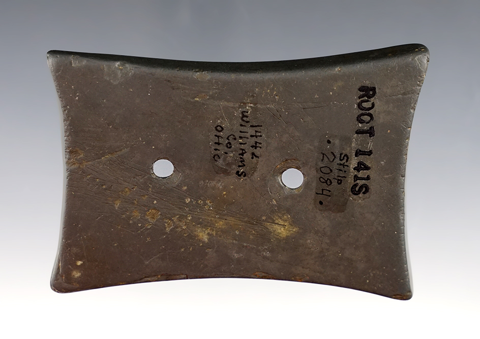 3 1/8" Quadriconcave Gorget made from slate with worn down tallies , Williams Co., Ohio.