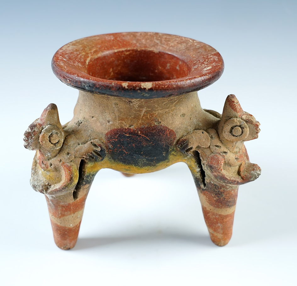 Nicely styled 3 7/8" tall x 4" wide tri-leg Pre-Columbian Pottery Bowl with rattles in legs. 