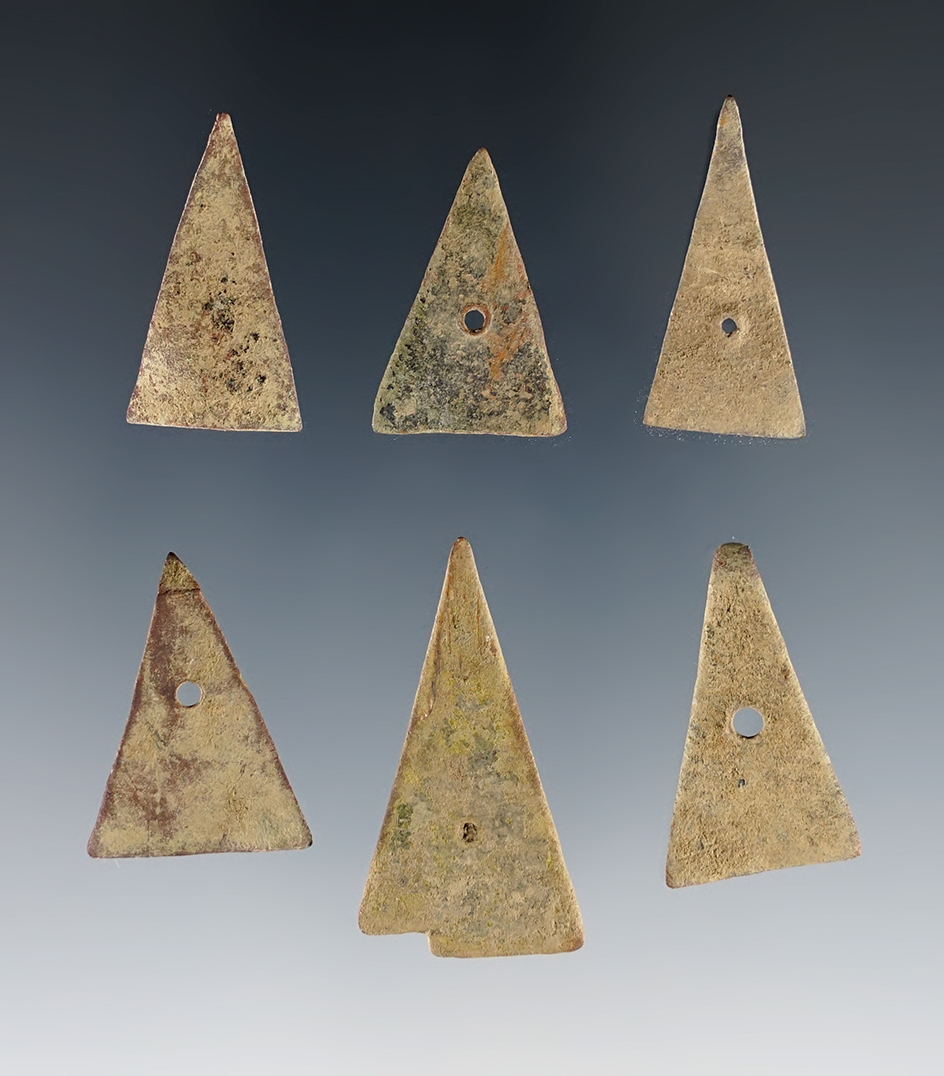 Set of 6 Kettle Points, largest is 1 1/4". Found at the White Springs Site in Geneva, New York. 