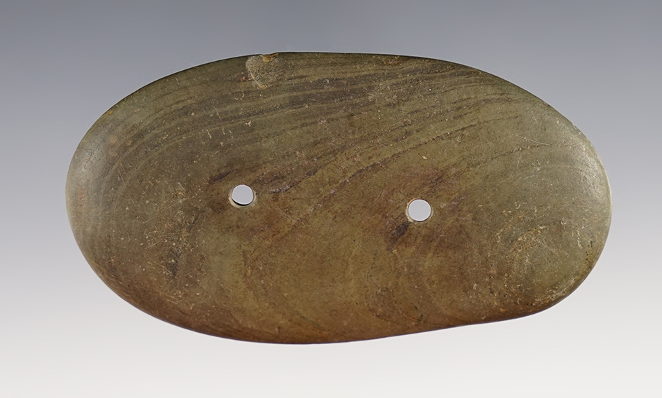 3 5/16" oval slate Adena Gorget that is nicely patinated found in Ohio.