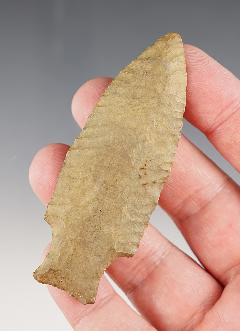Excellent style and oblique flaking on this 3 3/8" Stemmed Knife found in Gibson Co., Indiana. 