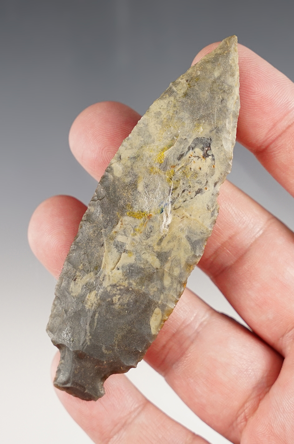  3 3/4" Bayport Chert Stemmed Knife found in southern Michigan.