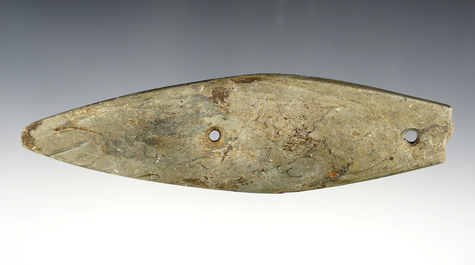 6 5/8" Bi-Pointed Gorget with slight ancient damage to one end. Found in Huron Co., Ohio.