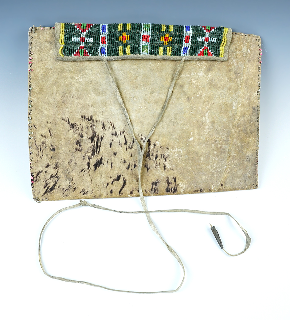 10 3/8" wide x 7 5/8" tall Beaded Parfleche Bag made from brain-tanned leather. 