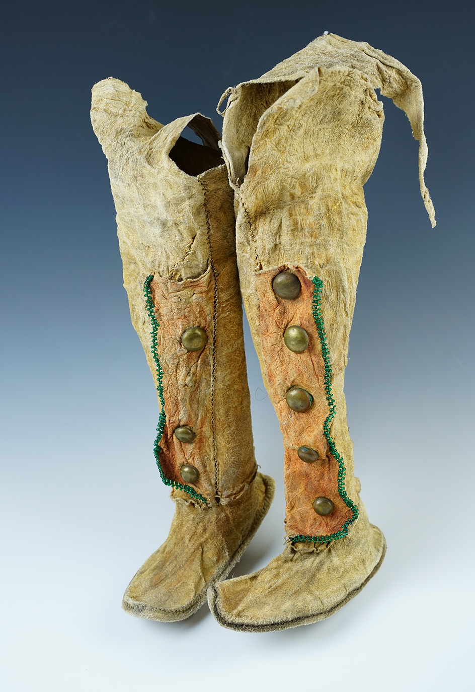 Exceptional pair of High Top Childs Moccasins with original beads, dye and tacks. Southern Plains. 