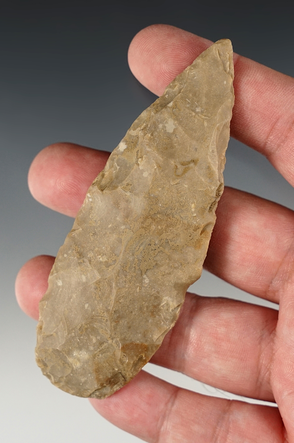 4" Archaic Knife found in Missouri  and made from a patinated brown colored Chert.