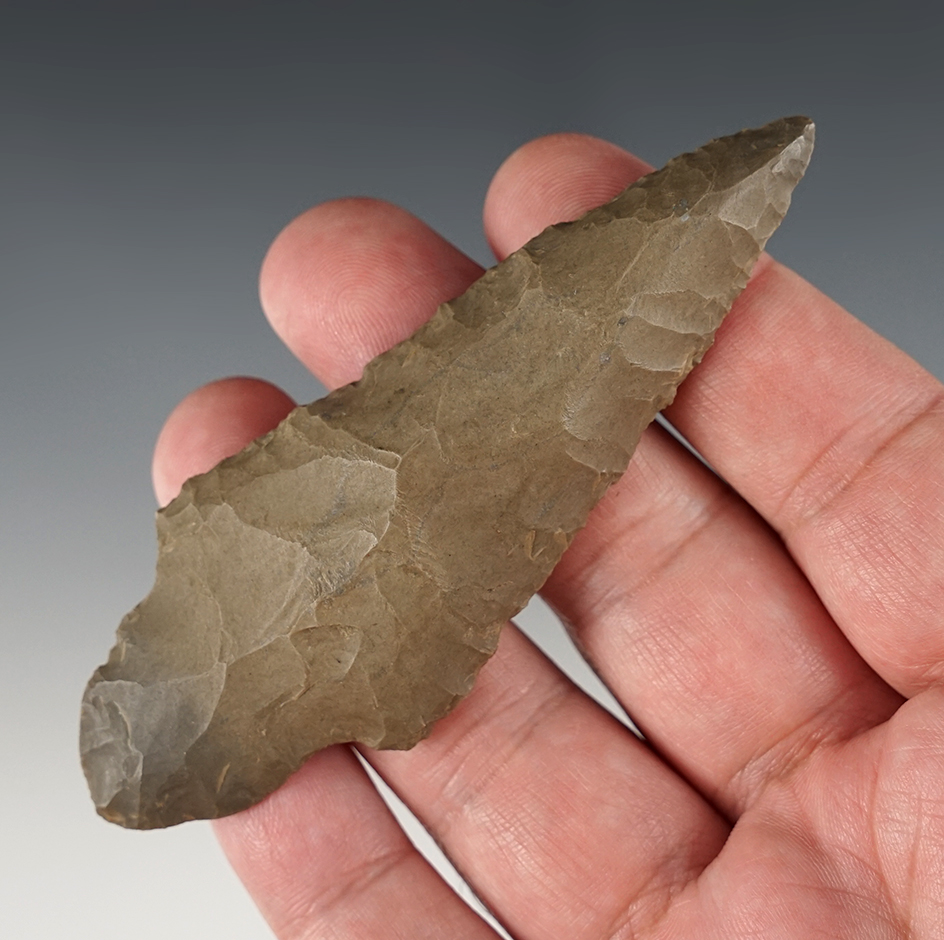 3 3/4" Hornstone Early Adena made like a Uniface Blade, curved. Found in Marion Co., Indiana.