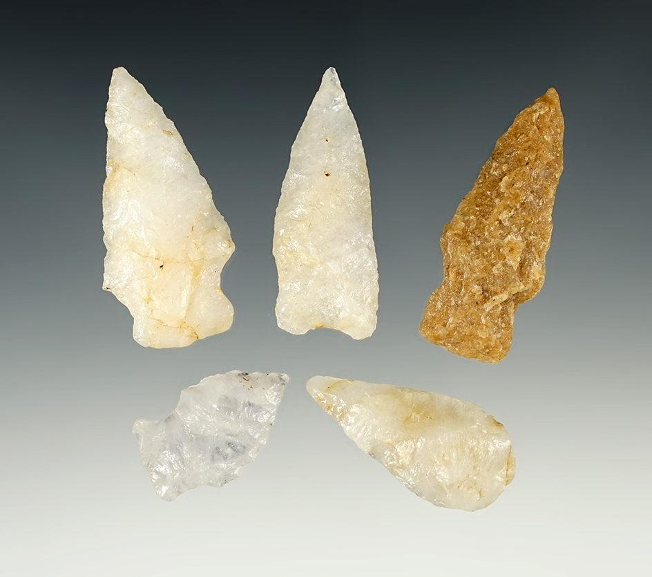Set of 5 Assorted Quartz Points found by Don Magnani in 1971 in Charles Co., Maryland.
