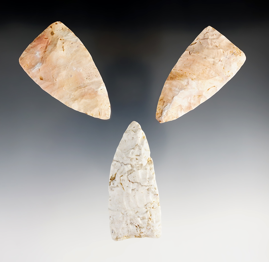 Set of three triangular blades found together in a cache in Lee Co., Mississippi. Largest is 2 3/4".