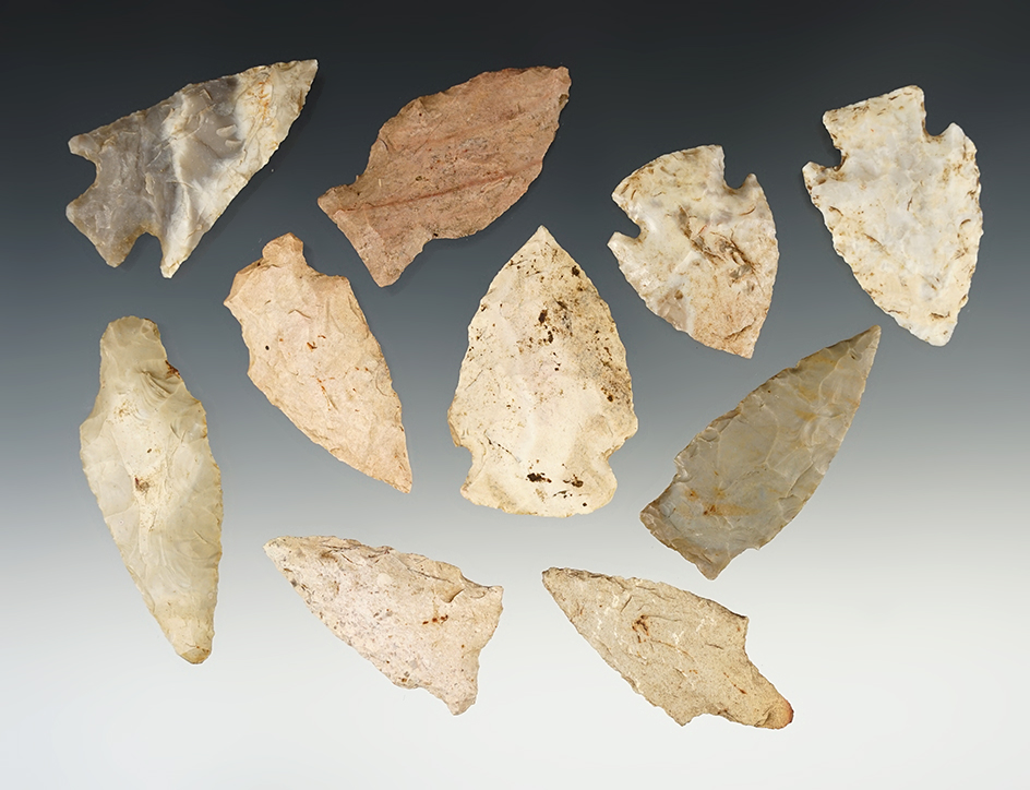 Group of 10 assorted Arrowheads found in Missouri, largest is 2 3/8".