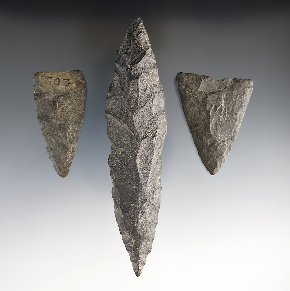 Set of three flaked artifacts in nice condition, found in New Jersey. Largest is 5 1/16".
