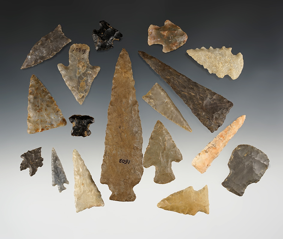Set of 18 assorted Flint artifacts found in various areas. Largest is 4 5/8".