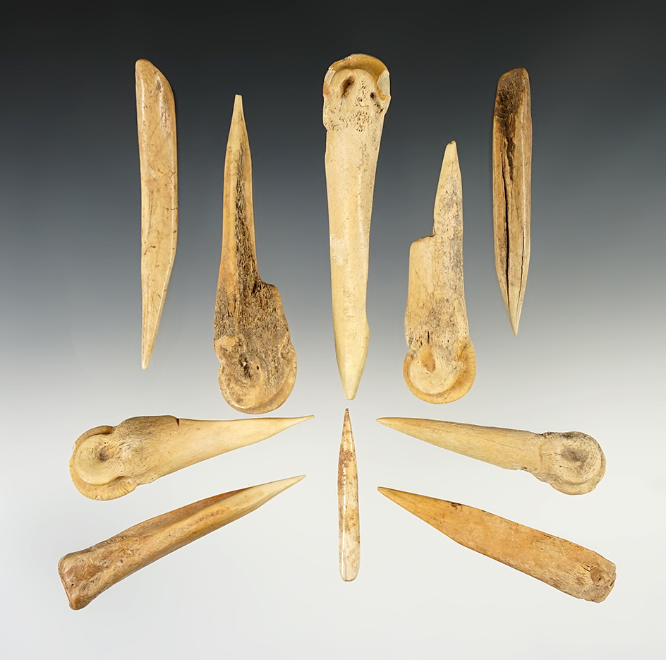 Group of 10 Assorted Bone Awls found in New Mexico, largest is 4".