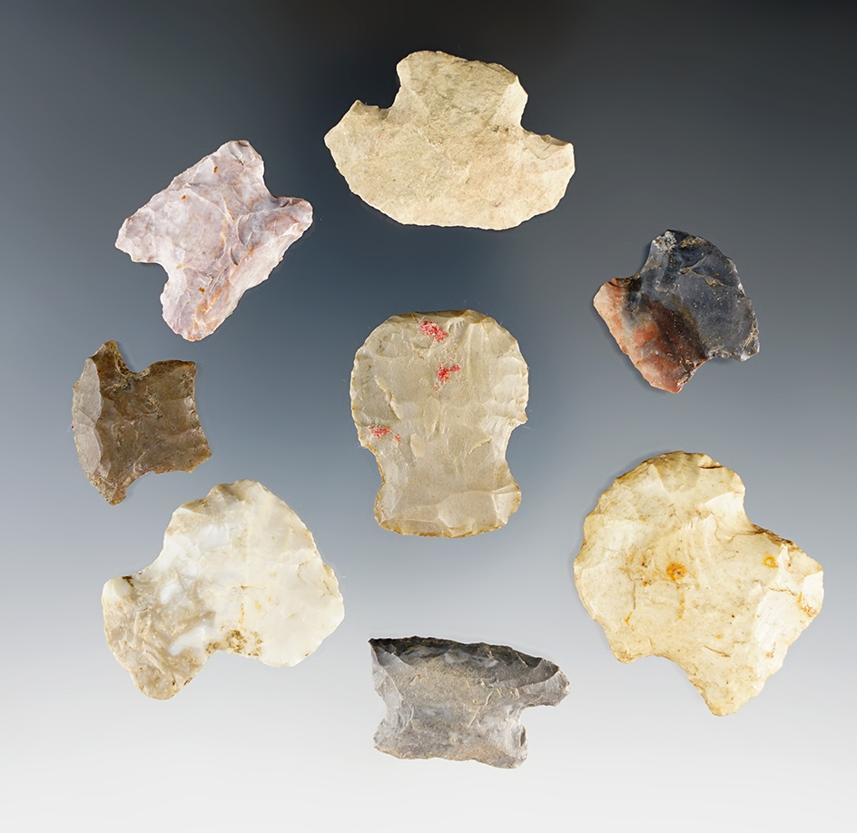 Set of 8 Ohio Hafted Scrapers, largest is 1 5/16". Ex. Jack Gossar, Scott Swanger Collections.