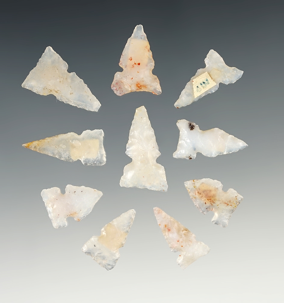 Group of 10 Assorted Arrowheads made from Agate, New Mexico in 1957. Largest is 1 1/16".
