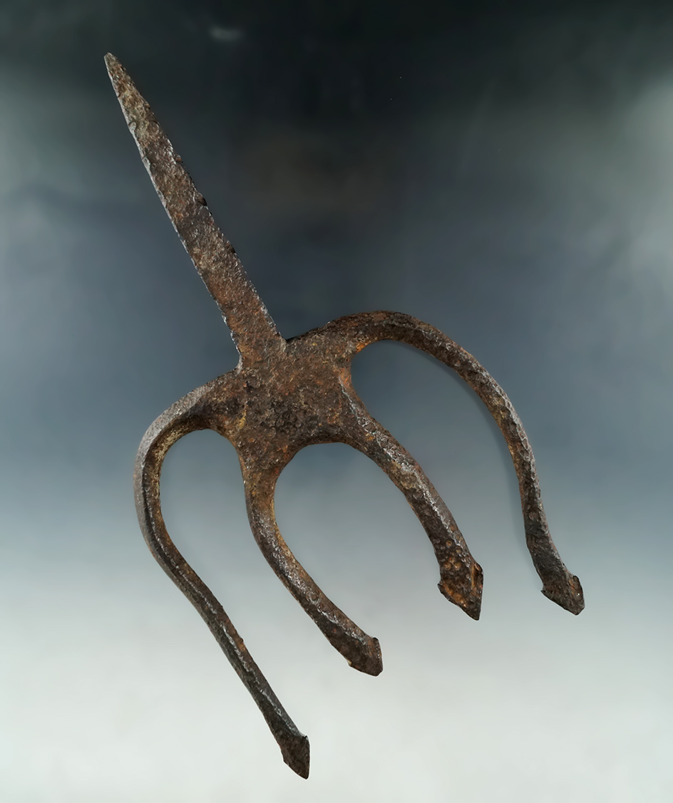 8 5/8" long hand forged frog gig found in northern Michigan.