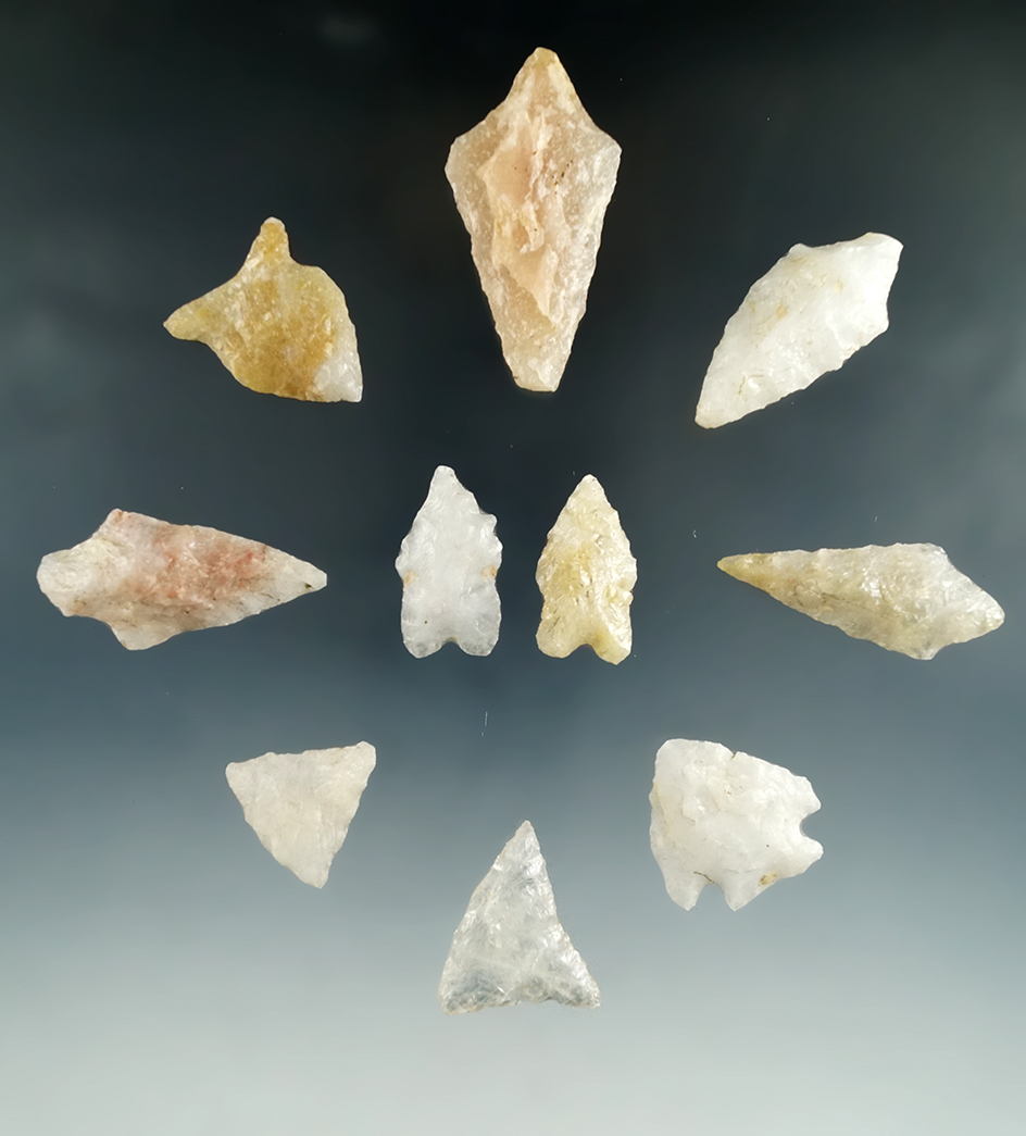 Group of 10 assorted quartz arrowheads found in Greenwich New Jersey, largest is 2".