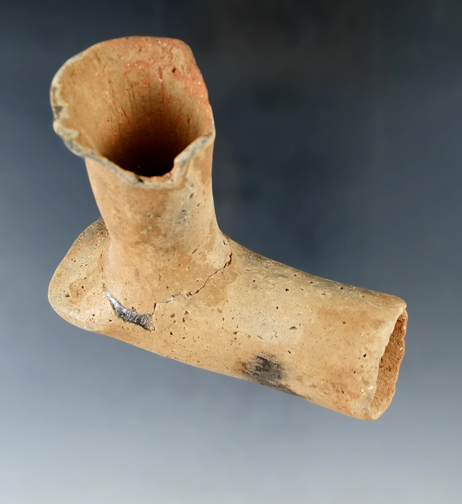 3 1/2" clay Caddo Pipe which is broken and glued at the neck - Scott Co., Missouri.