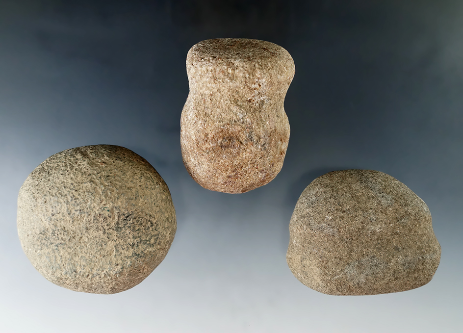 Set of three Hardstone Hammerstones found in Ohio, largest is 2 1/4" long.