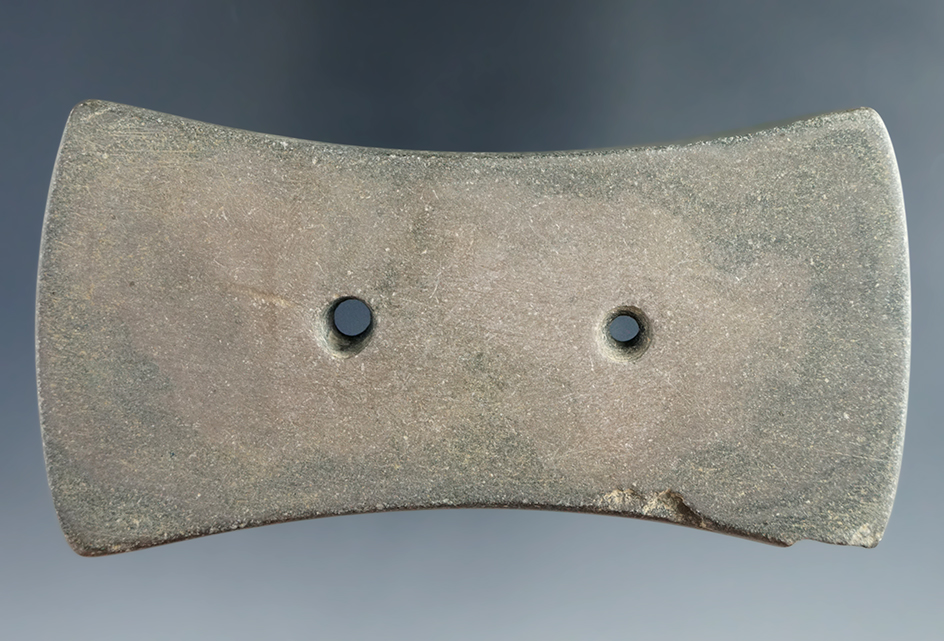 3 5/8" Bi-Concave Gorget made from slate, found in Pennsylvania. Comes with a Bennett COA.