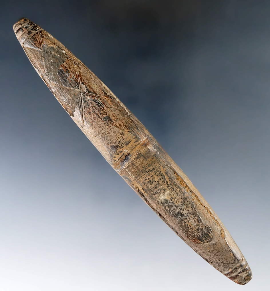 Nicely decorated 5 1/2" Elliptical Bar Atlatl weight found in McCreary Co., Kentucky.