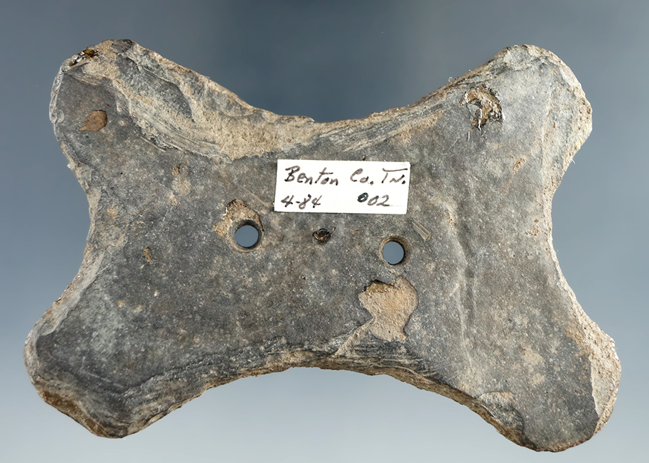 3 7/8" Quadriconcave Gorget found in Benton, Tennessee.  Comes with a Dickey COA.