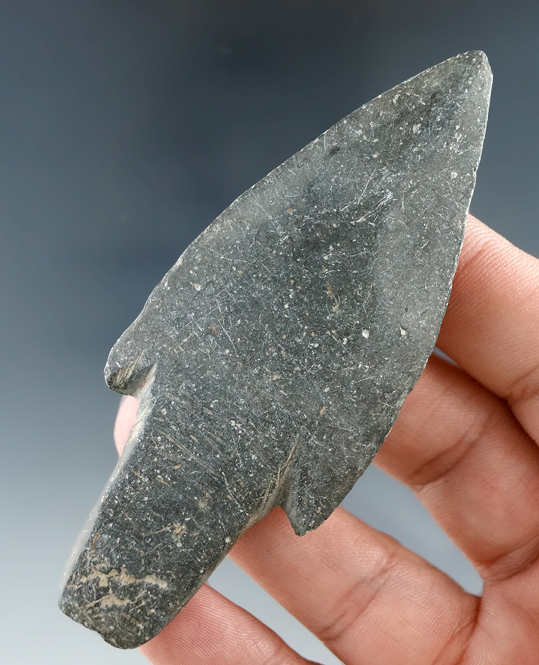 Hard-to-find! 3 9/16" slate spear point that is well styled and nicely polished - Syracuse, NY.