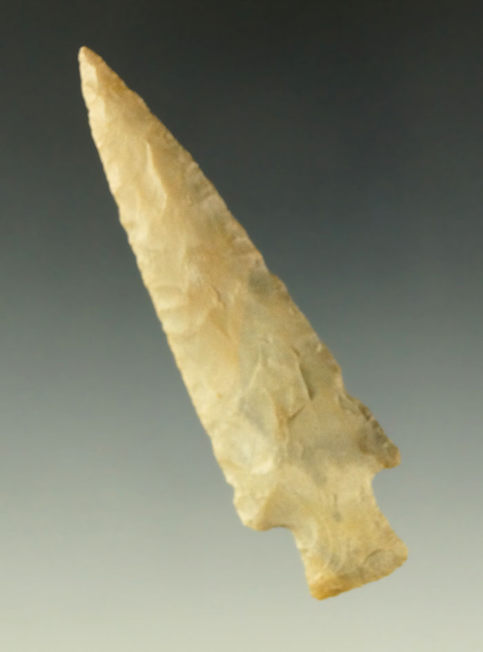 Nicely styled 3 1/16" woodland Stemmed Dart point found in Indiana. Stermer COA.