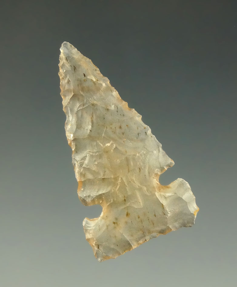 Highly translucent 1 5/16" sidenotch made off a flaked of clear agate found in Colorado.