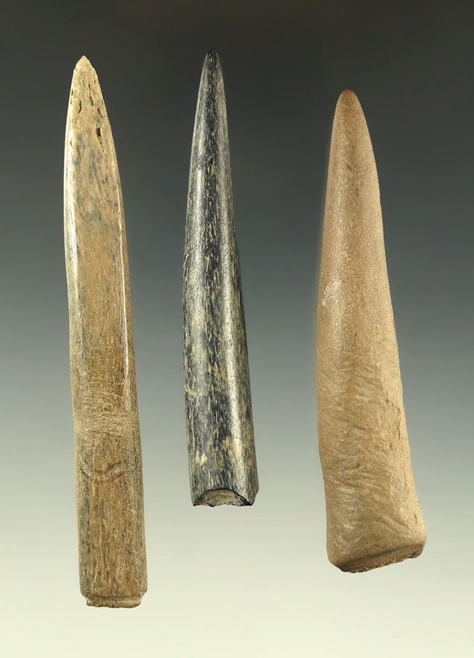Set of three bone antler tip awls or projectiles, largest is 3 1/2".