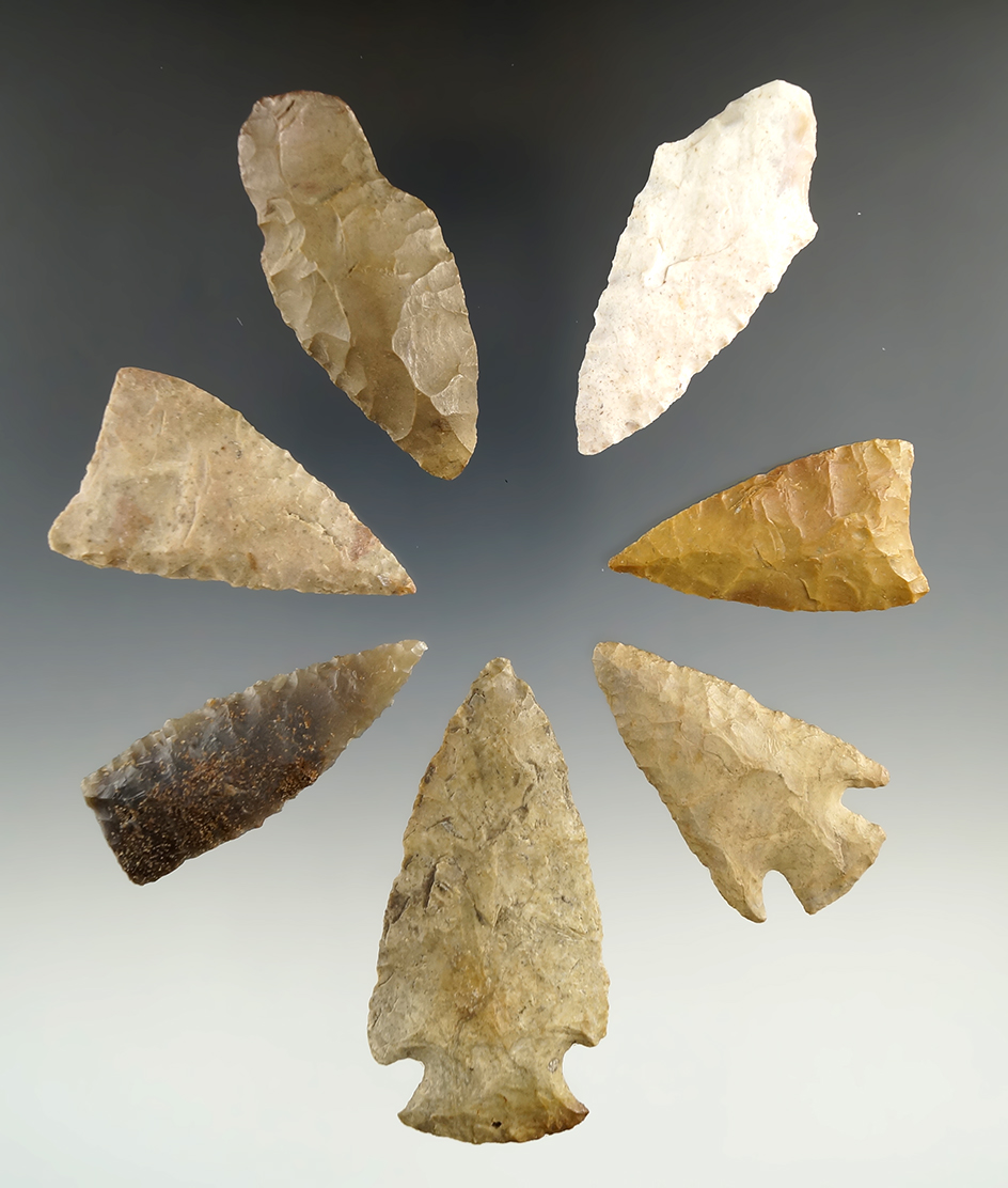 Group of seven points and knives found in Oklahoma and Kansas in nice condition.