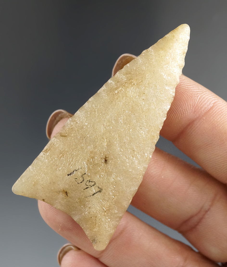 Beautifully made quartz Dalton triangular Lanceolate found in Virginia. Ex. Greg Perino.  COA.