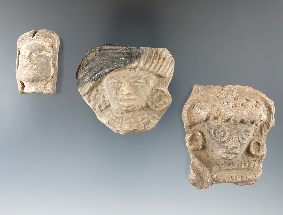 Set of three pre-Columbian pottery heads found in Mexico, largest is 2 3/16".