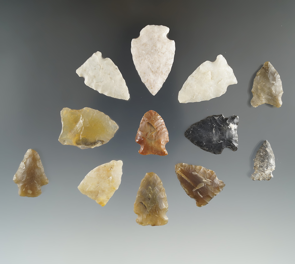Set of 12 assorted arrowheads - surface finds in Eastern South Dakota. Largest is 1 5/16".