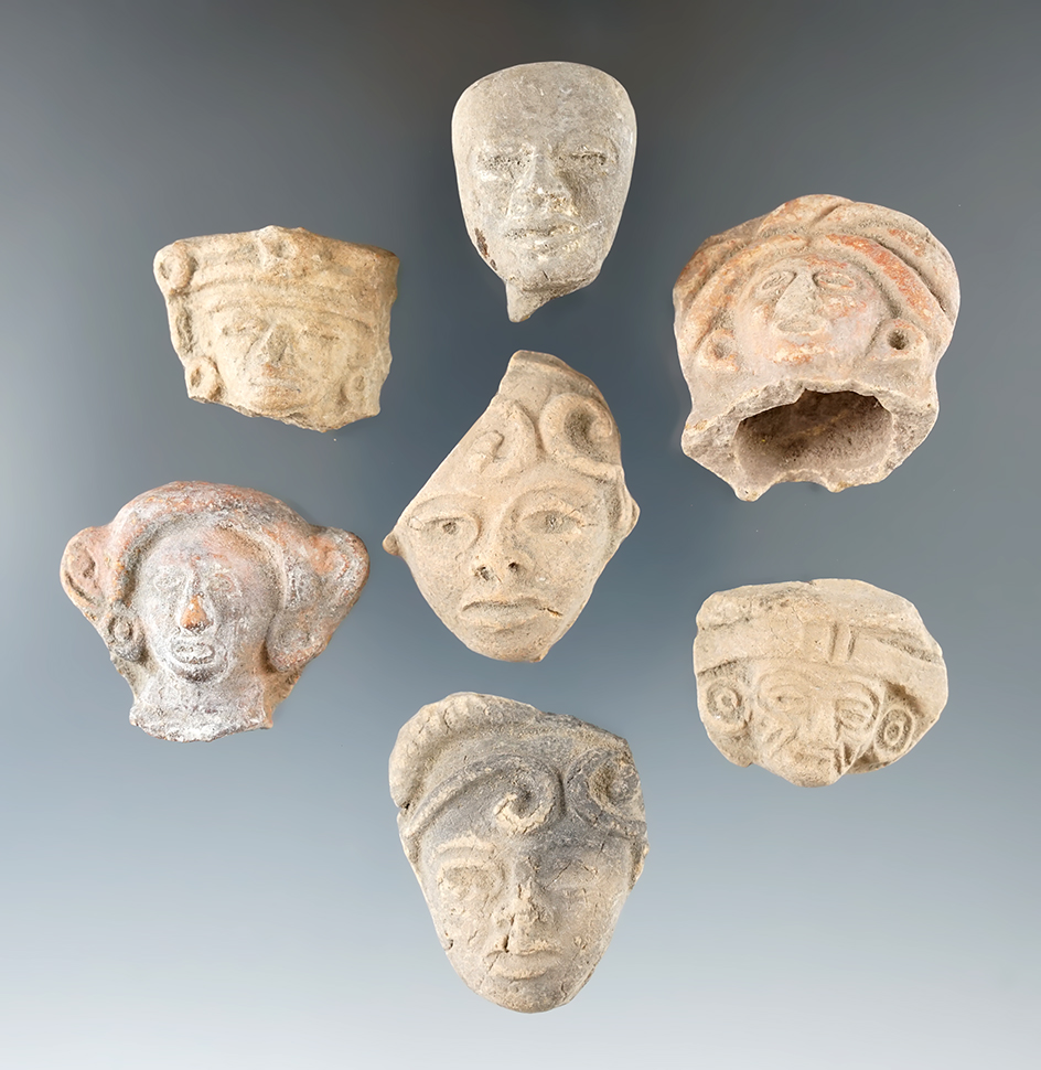 Set of seven pre-Columbian pottery heads found in Mexico, largest is 1 1/2" tall
