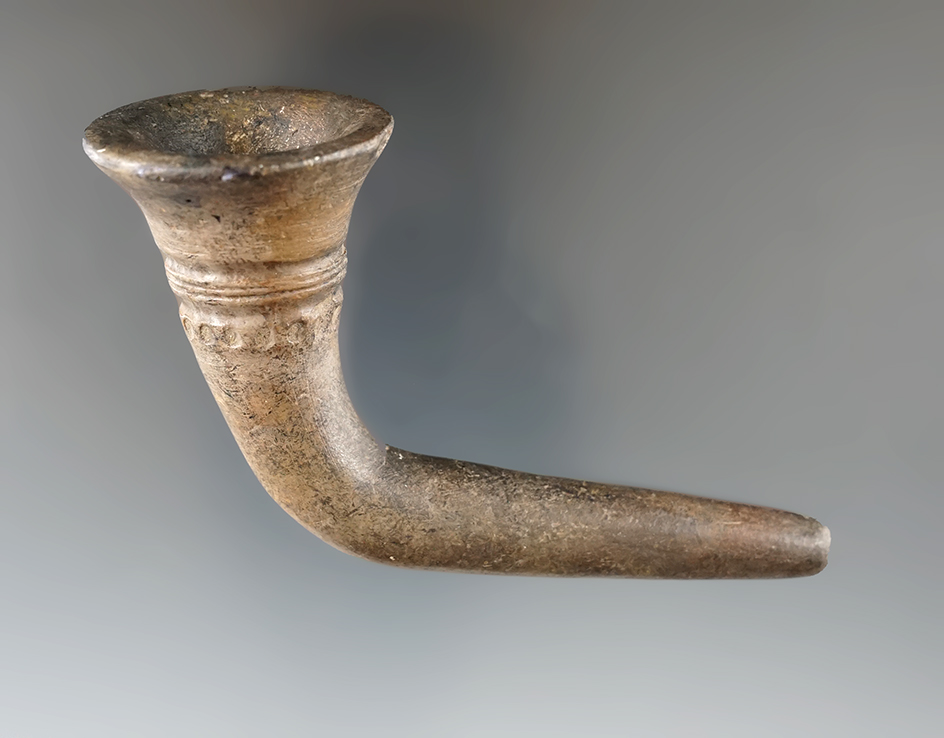 4" long Iroquois clay trumpet pipe with heavily restored flared rim area of bowl. New York.