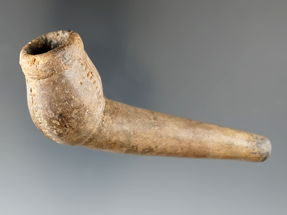 Nice! 3 3/4" Owasco bread basket bowl clay pipe - partial restoration to the bowl and stem.