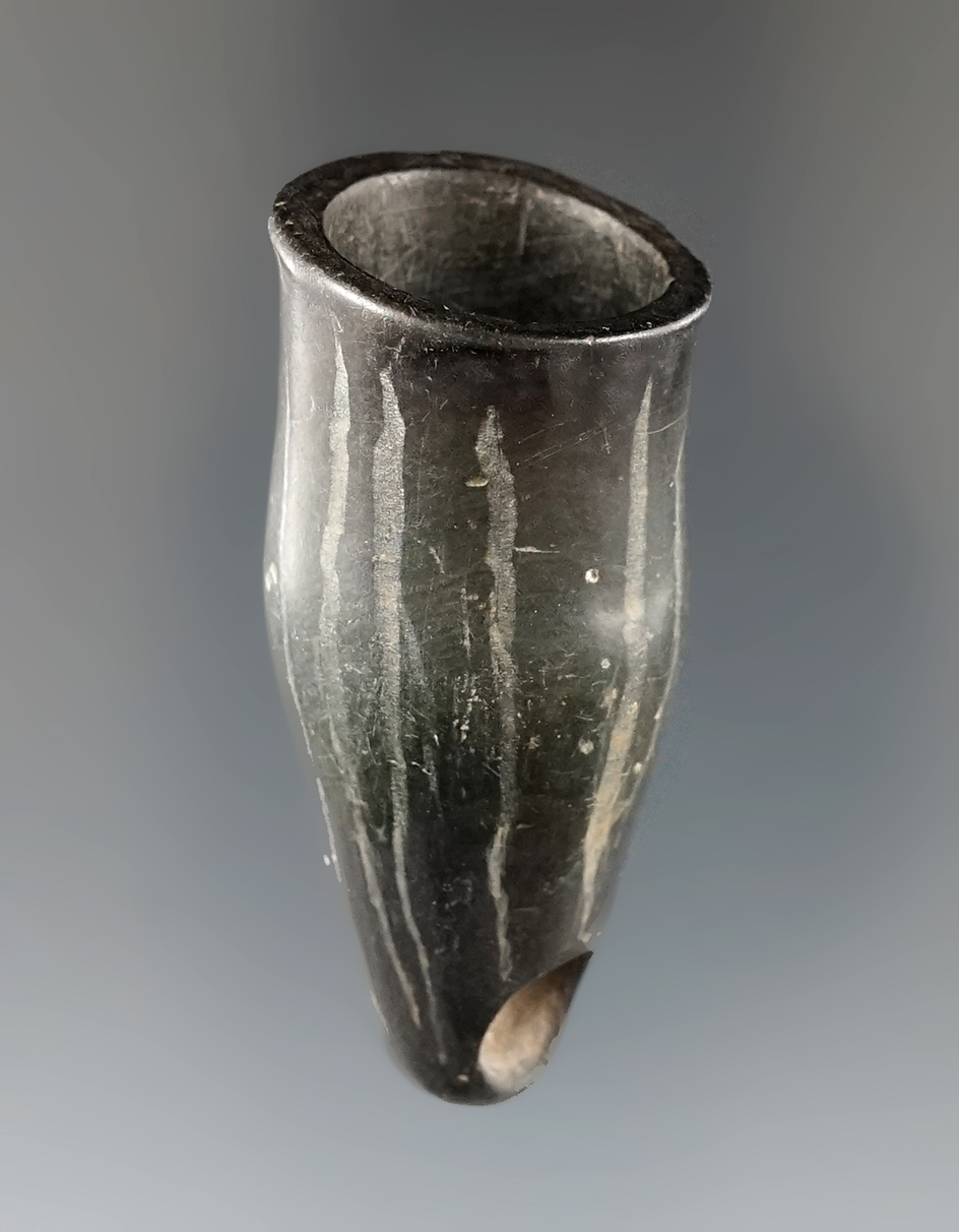 Nicely styled! 2 1/8" tall steatite vasiform pipe with nice incised line design area. TN/NC area.