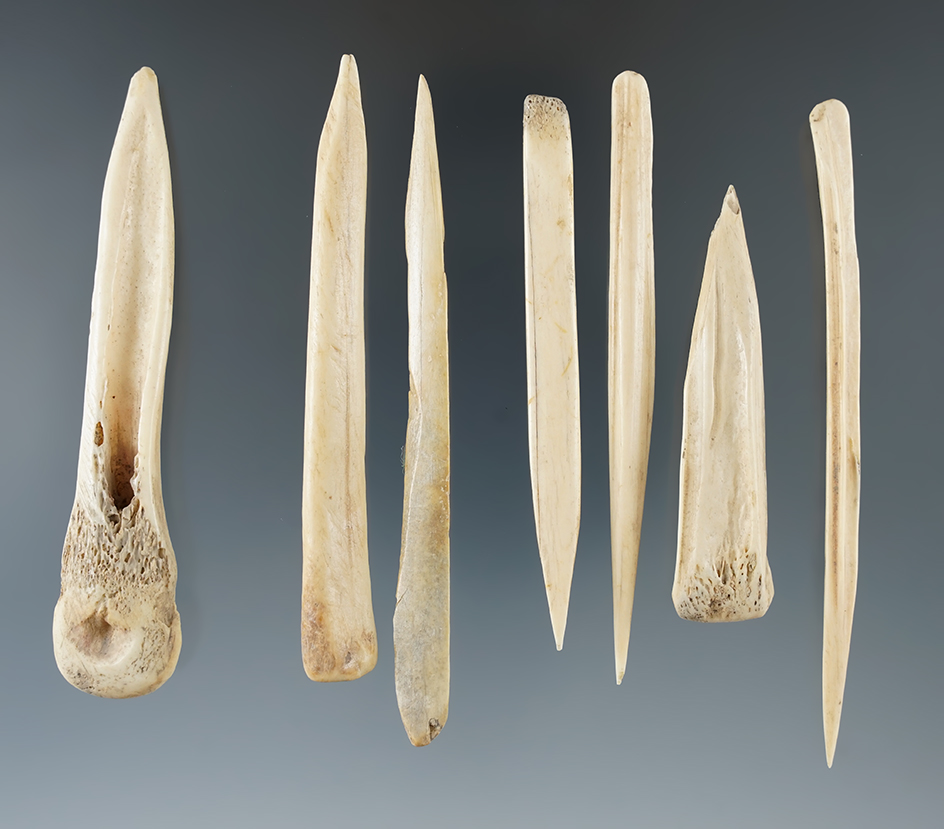 Group of seven bone awls found near the Missouri River in North Dakota. Largest is 3 13/16".