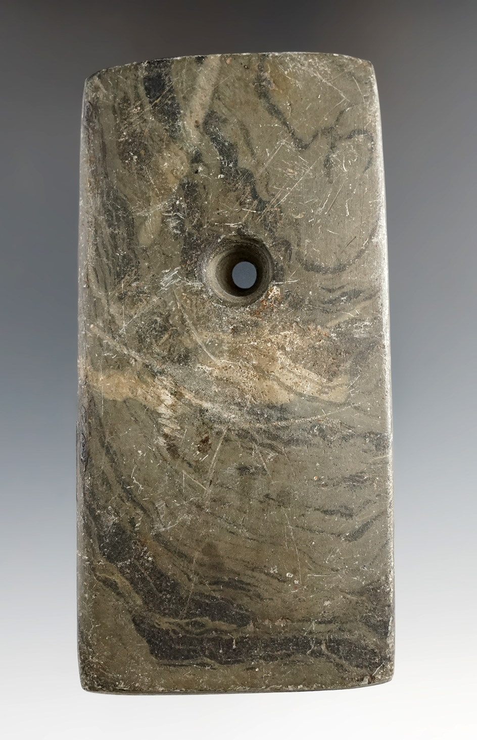 4 1/4" mottled slate Rectangular Adena Pendant - Delaware Co., Indiana. Davis G-8 COA.