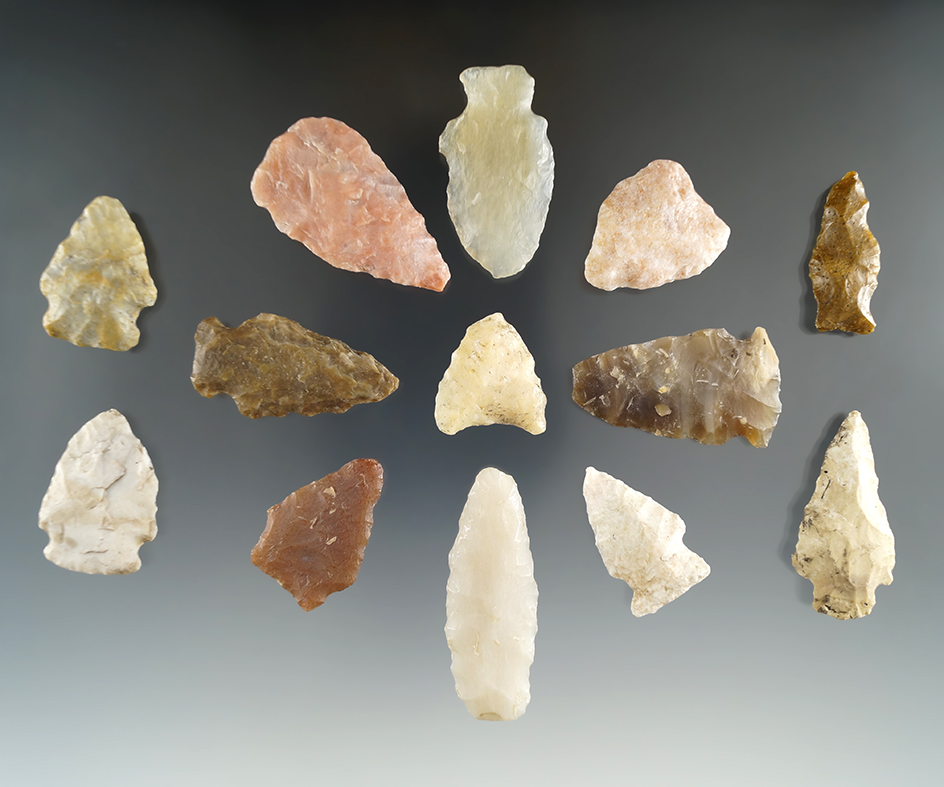 Group of 13 assorted arrowheads found in Eastern South Dakota, largest is 1 5/8".