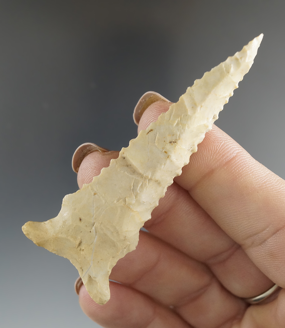 2 3/4" nicely beveled serrated Dalton found by Jerri Brown - Lawrence Co., AR. Davis G-9 COA