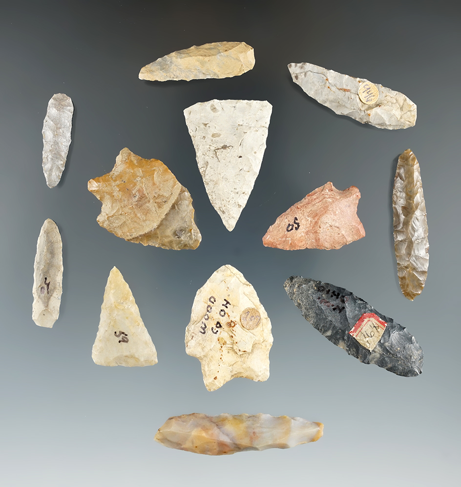 Group of Ohio artifacts including five points and seven drills. Largest is 1 15/16".
