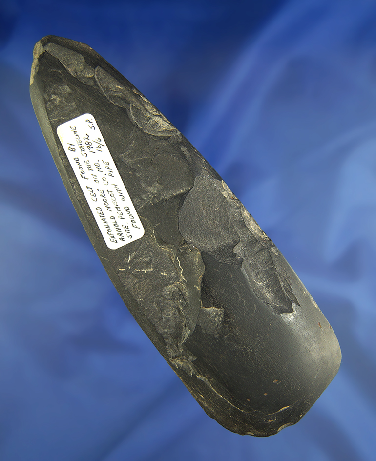6 1/16" exfoliated slate Celt found by Arnold Moore on the Stateline site - Panama Scott Co.,  MO.